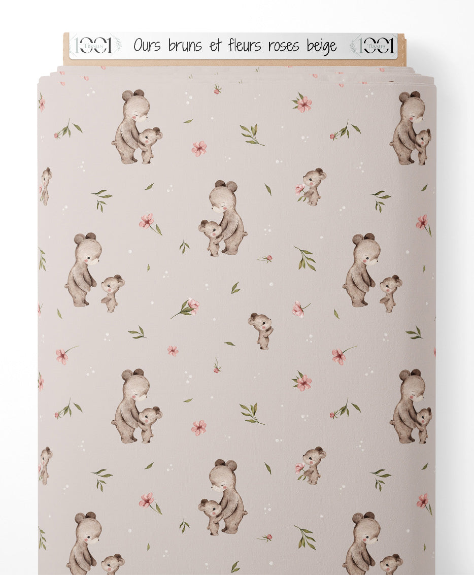 Tissu - Ours bruns et fleurs roses beige