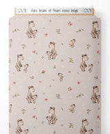Tissu - Ours bruns et fleurs roses beige