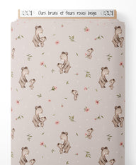 Tissu - Ours bruns et fleurs roses beige