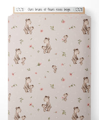 Tissu - Ours bruns et fleurs roses beige