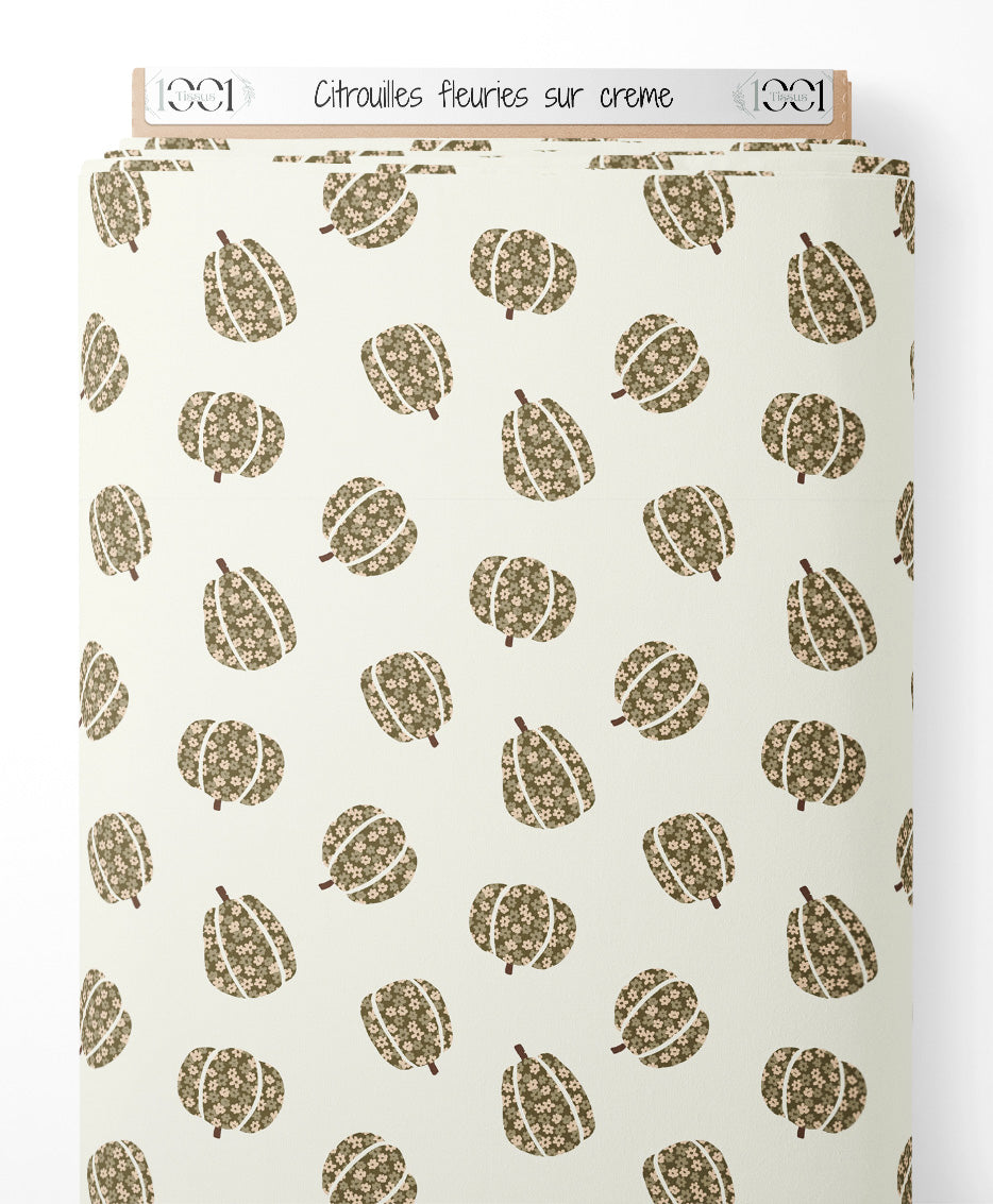 Tissu - Citrouilles fleuries sur crème