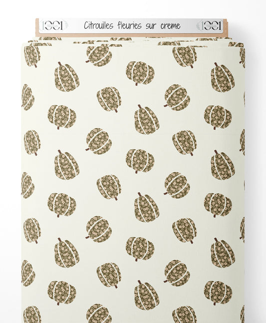 Tissu - Citrouilles fleuries sur crème