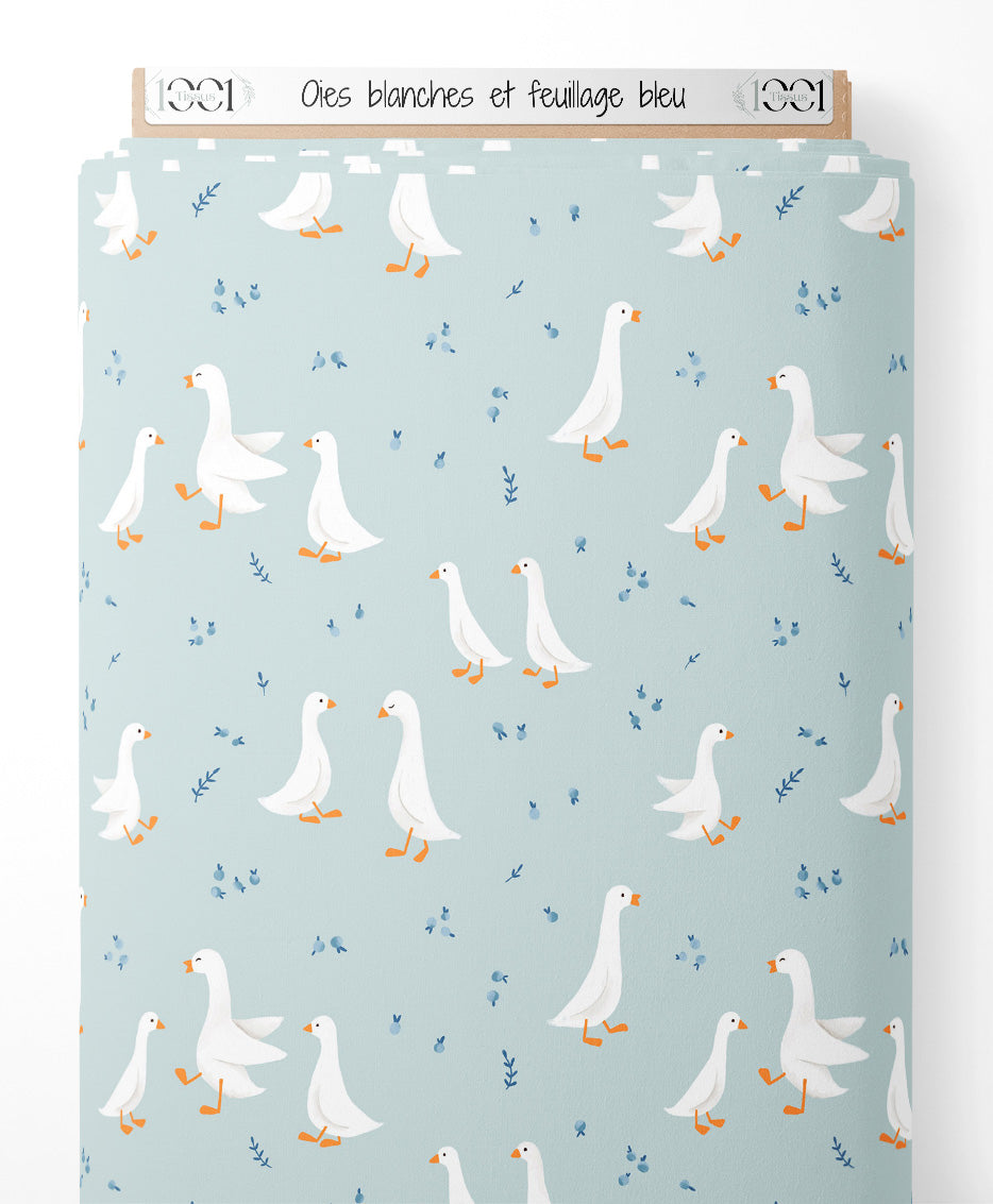 Tissu - Oies blanches et feuillage bleu