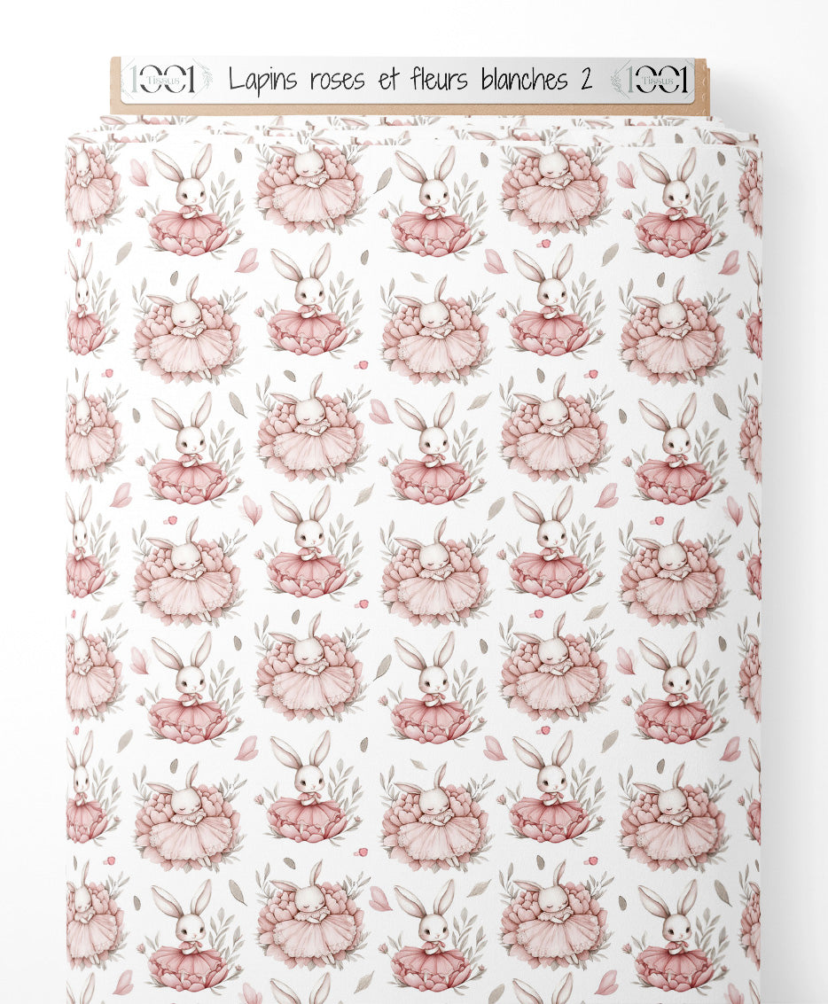 Tissu - Lapins roses et fleurs blanches 2