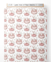 Tissu - Lapins roses et fleurs blanches 2