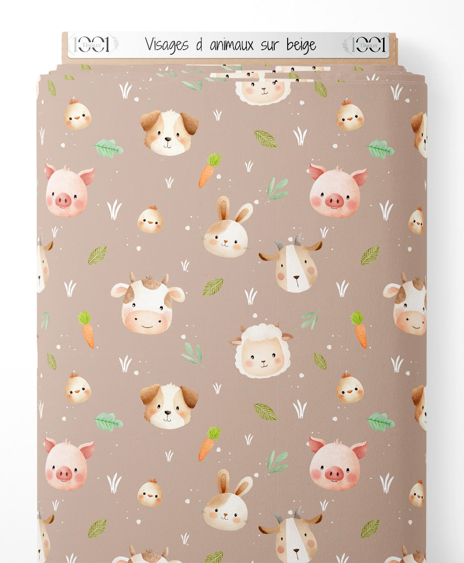 Tissu - Visages d'animaux sur beige