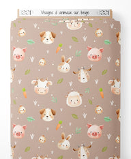 Tissu - Visages d'animaux sur beige
