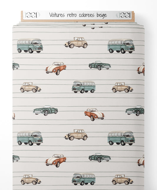 Tissu - Voitures rétro colorées beige
