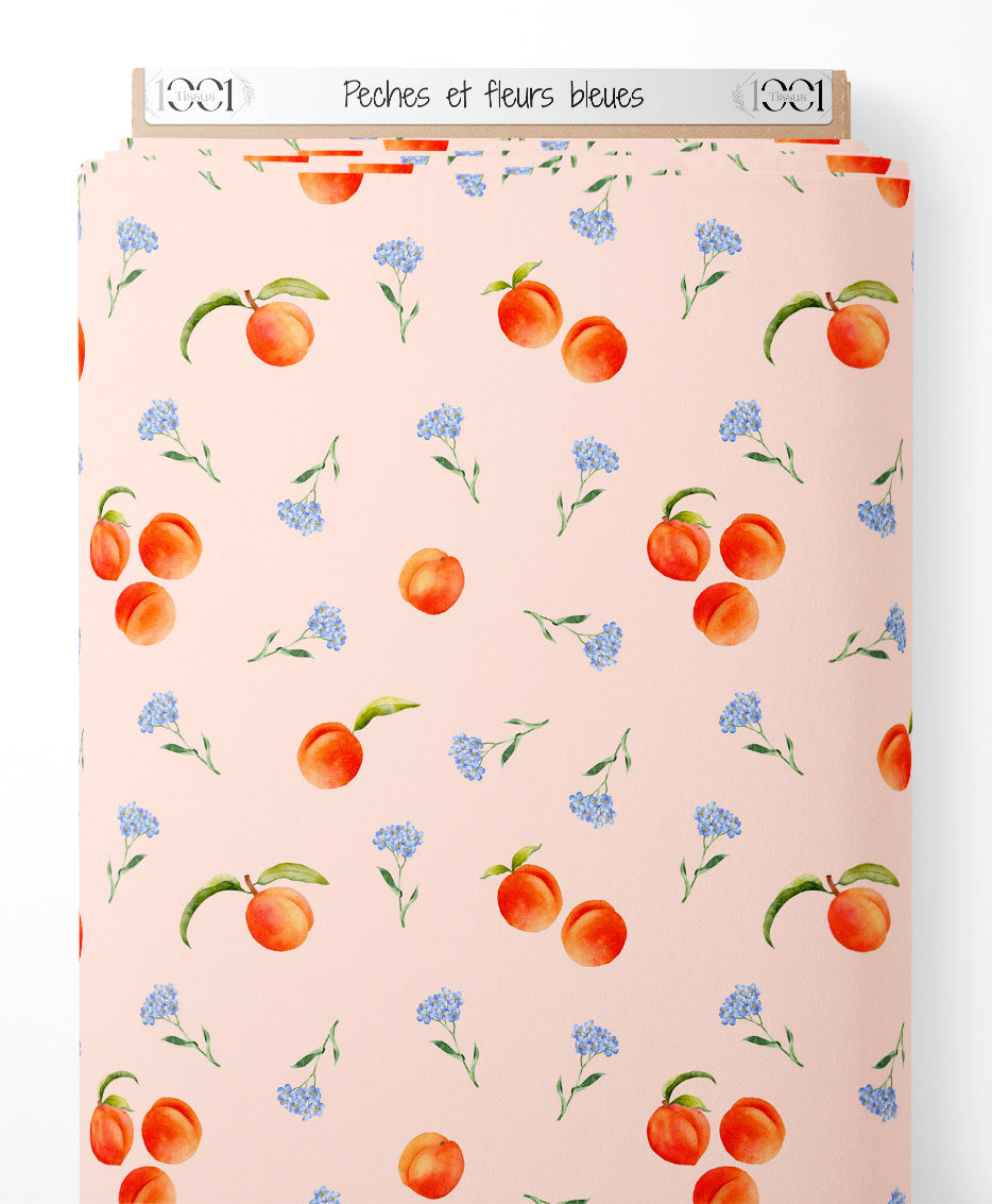 Tissu - Pêches et fleurs bleues