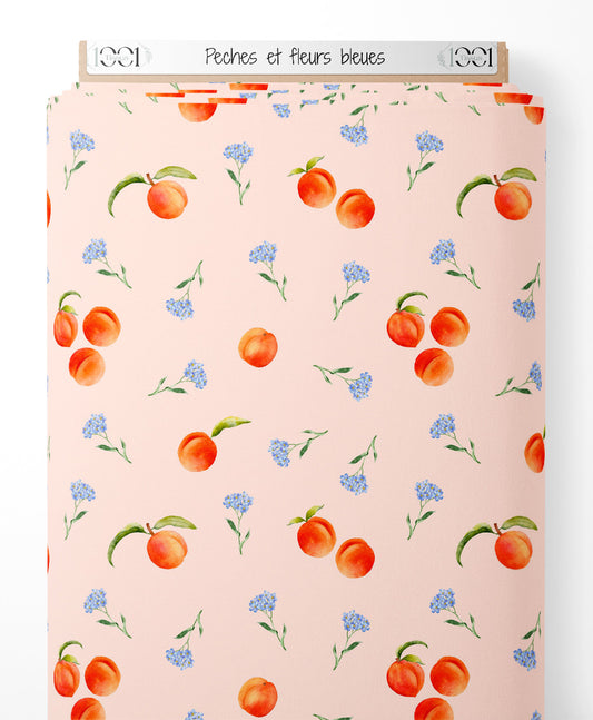 Tissu - Pêches et fleurs bleues