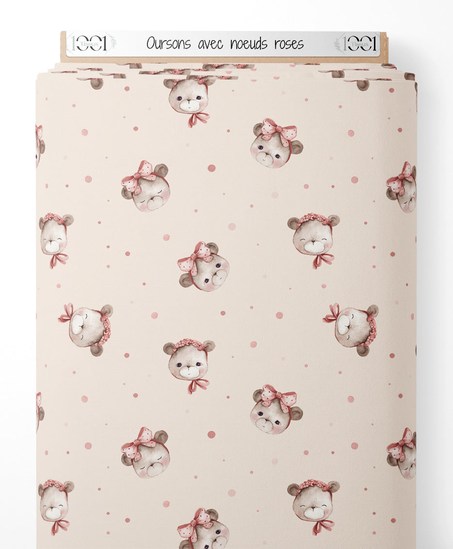 Tissu - Oursons avec nœuds roses