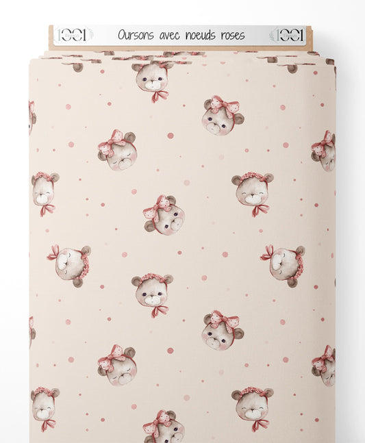 Tissu - Oursons avec nœuds roses