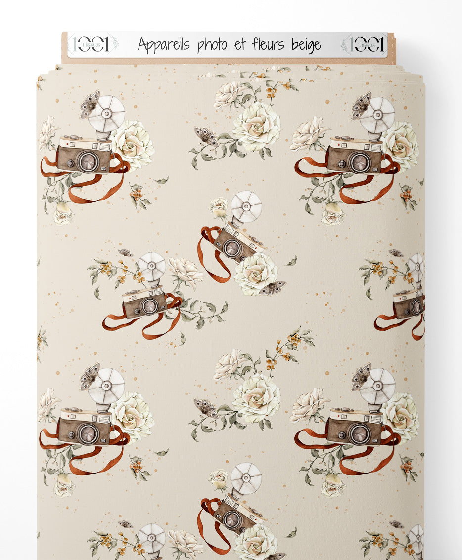Tissu - Appareils photo et fleurs beige