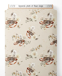 Tissu - Appareils photo et fleurs beige