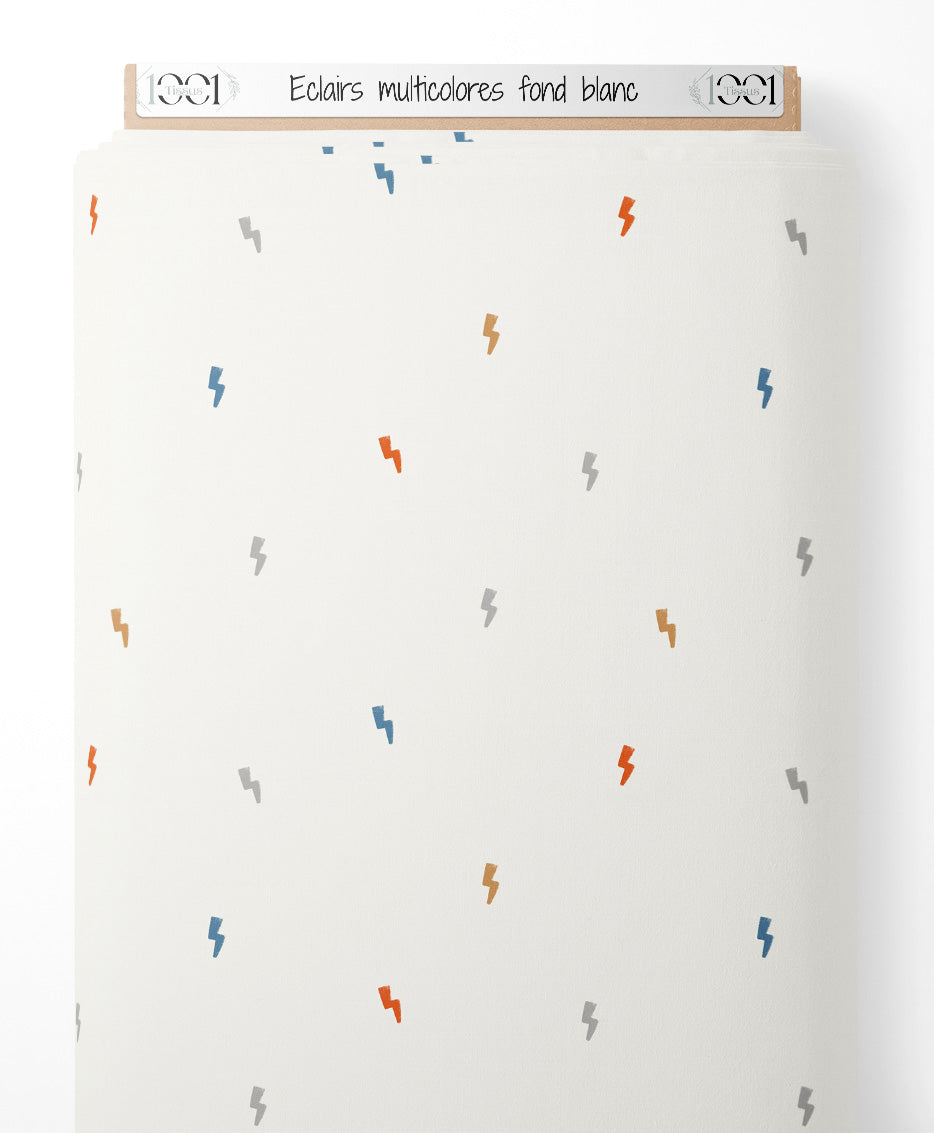 Tissu - Éclairs multicolores sur fond blanc