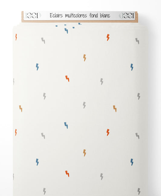 Tissu - Éclairs multicolores sur fond blanc