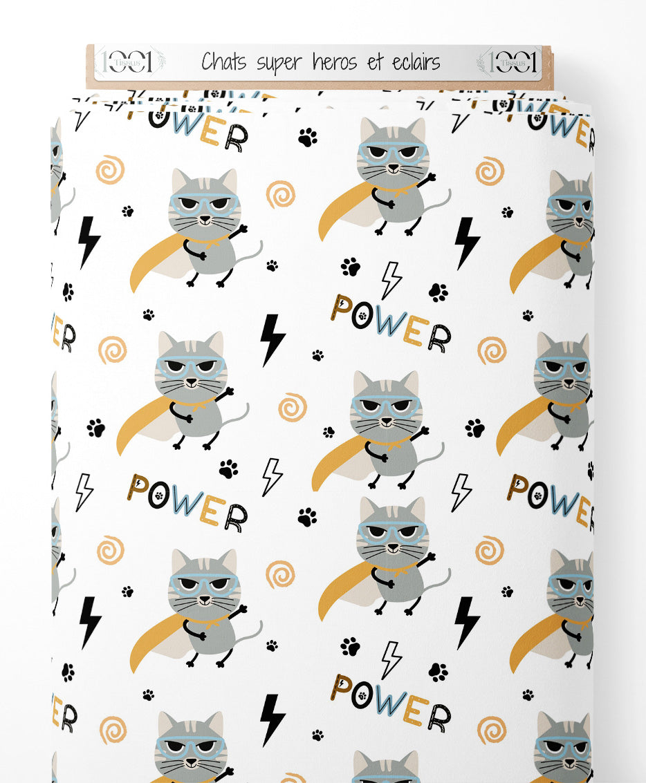 Tissu - Chats super-héros et éclairs