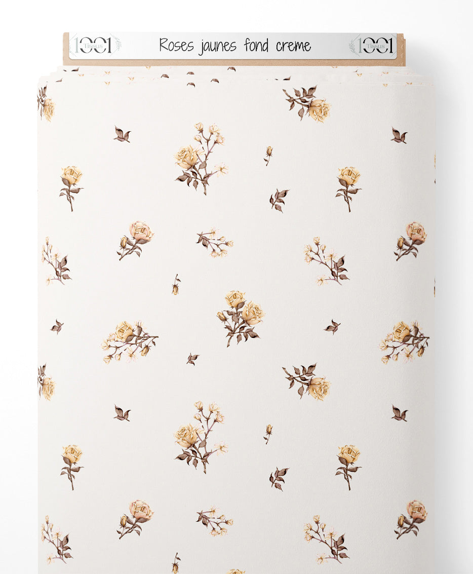 Tissu - Roses jaunes sur fond crème
