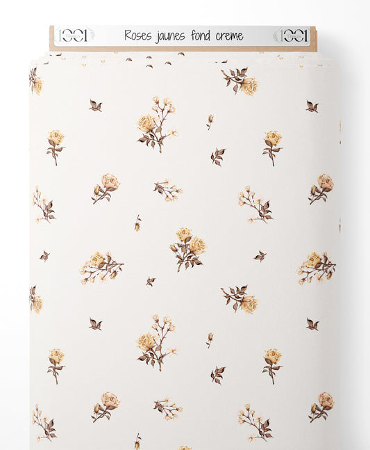 Tissu - Roses jaunes sur fond crème