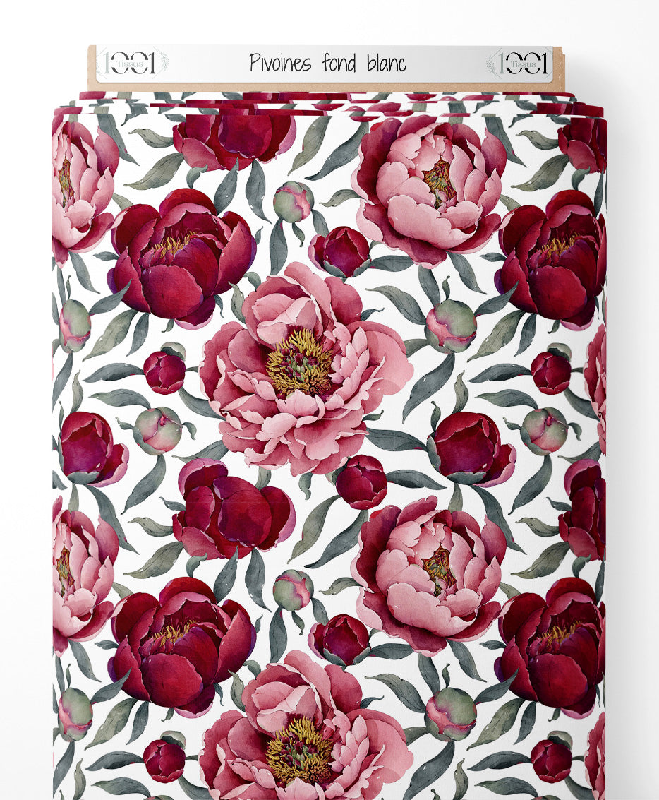 Tissu - Pivoines sur fond blanc