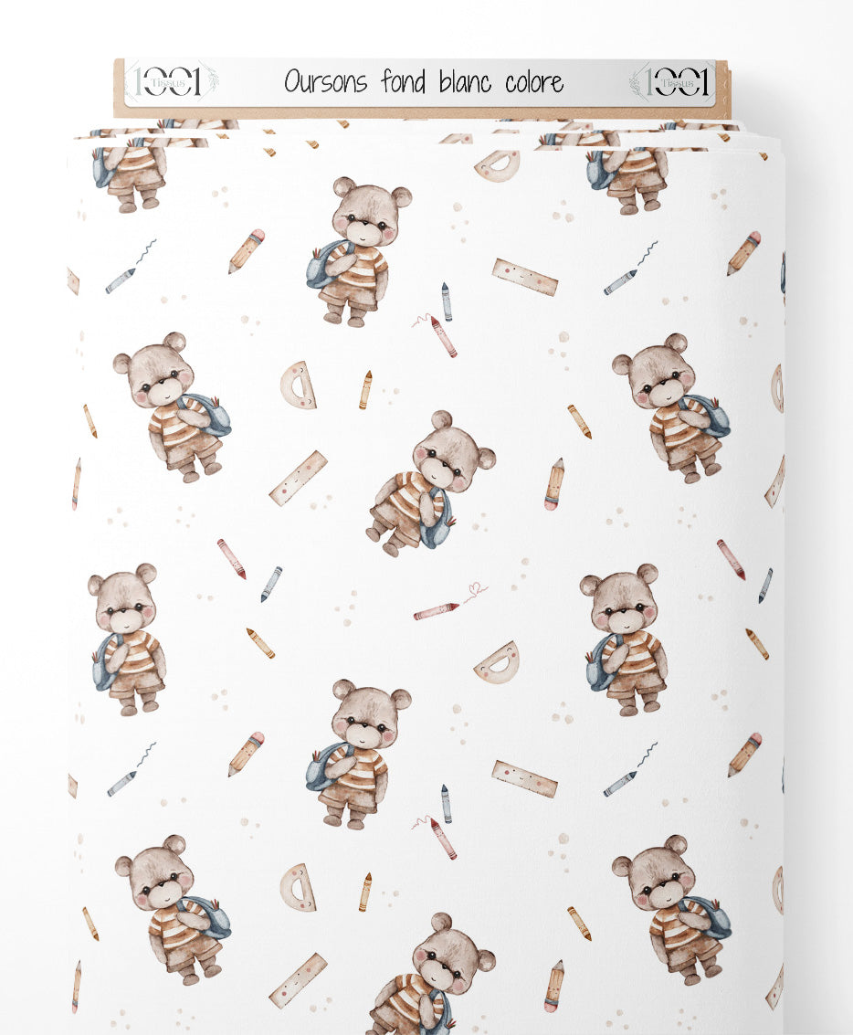 Tissu - Oursons sur fond blanc coloré