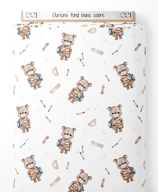 Tissu - Oursons sur fond blanc coloré