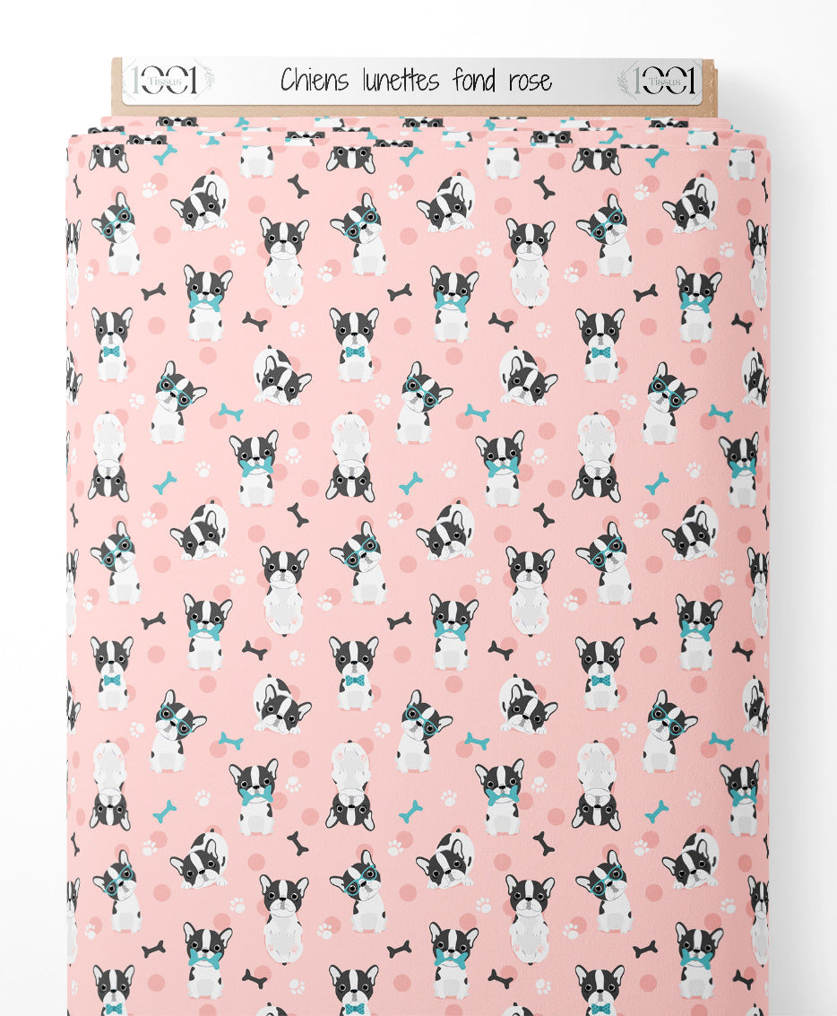 Tissu - Chiens lunettes fond rose