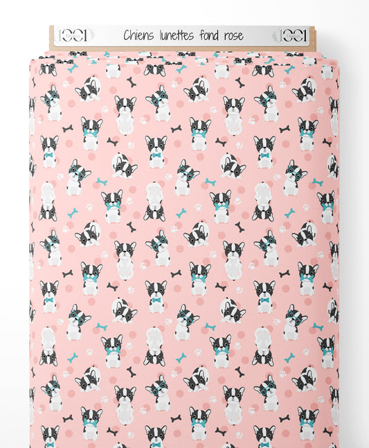 Tissu - Chiens lunettes fond rose