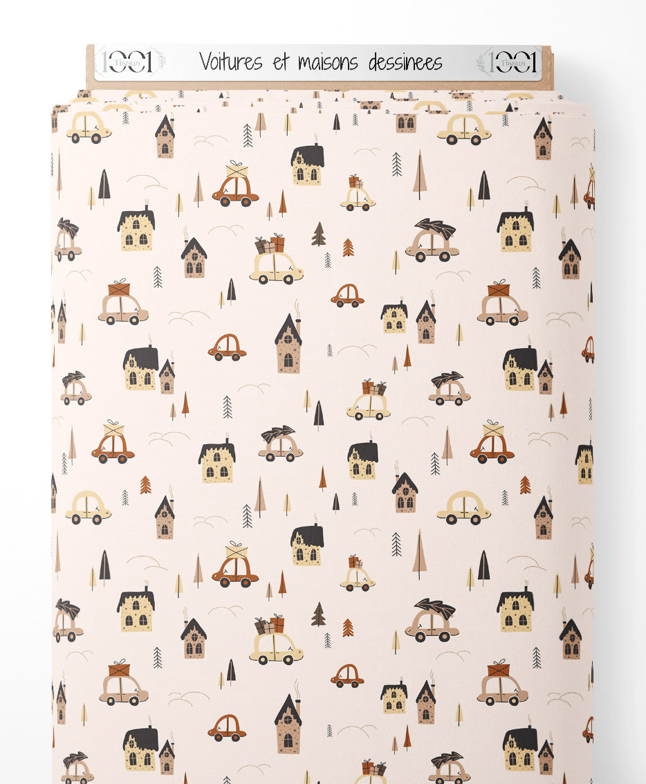 Tissu - Voitures et maisons dessinées