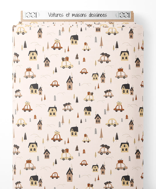 Tissu - Voitures et maisons dessinées