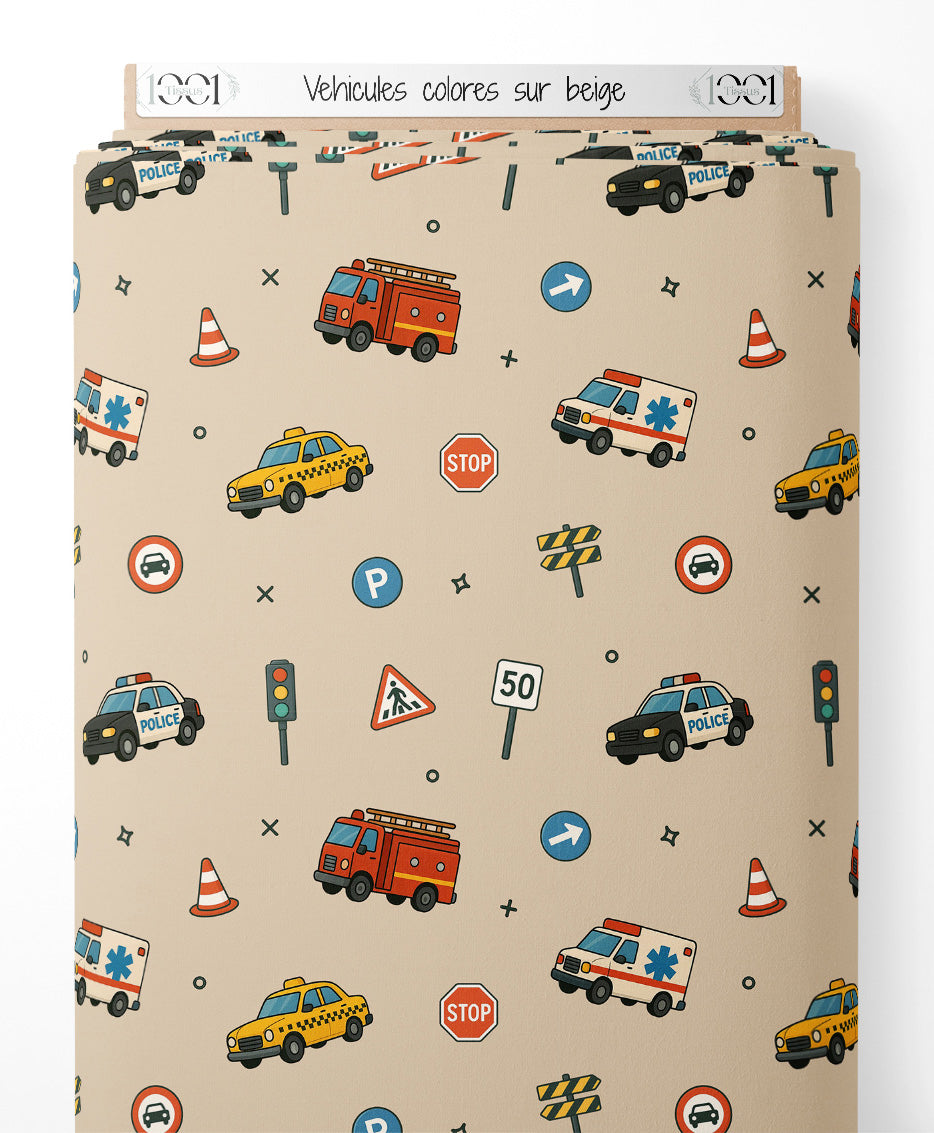 Tissu - Véhicules colorés sur beige