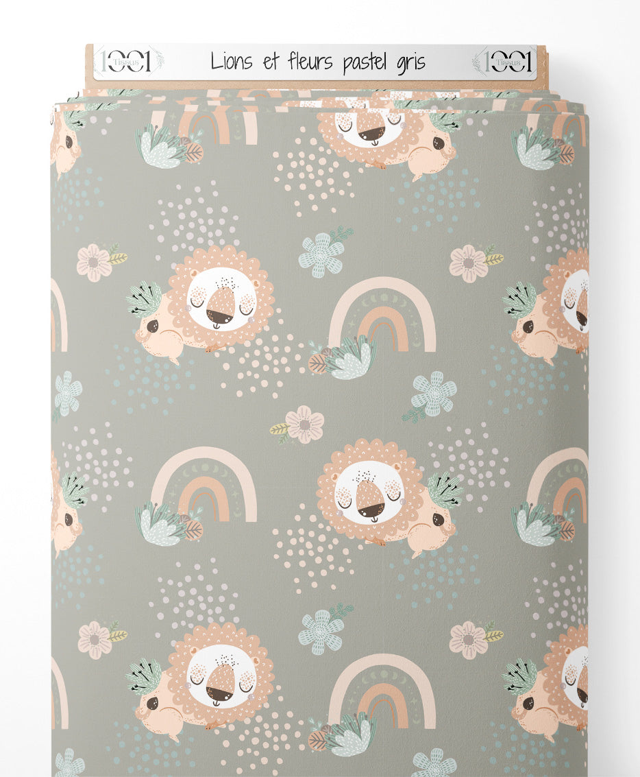 Tissu - Lions et fleurs pastel gris