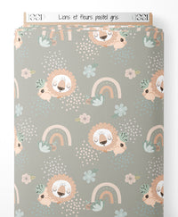 Tissu - Lions et fleurs pastel gris