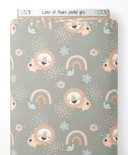 Tissu - Lions et fleurs pastel gris