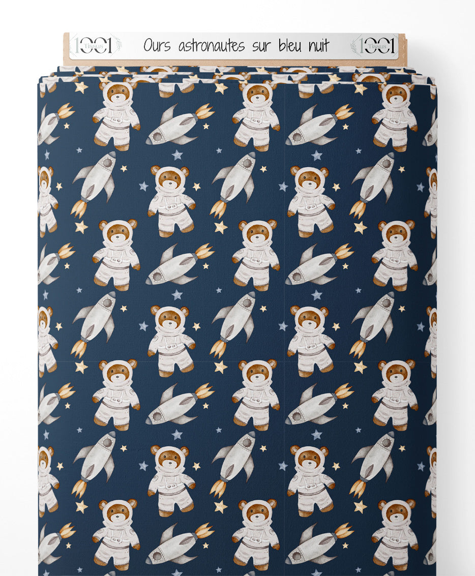 Tissu - Ours astronautes sur bleu nuit