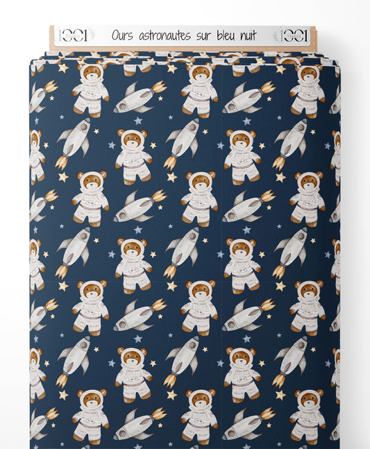 Tissu - Ours astronautes sur bleu nuit