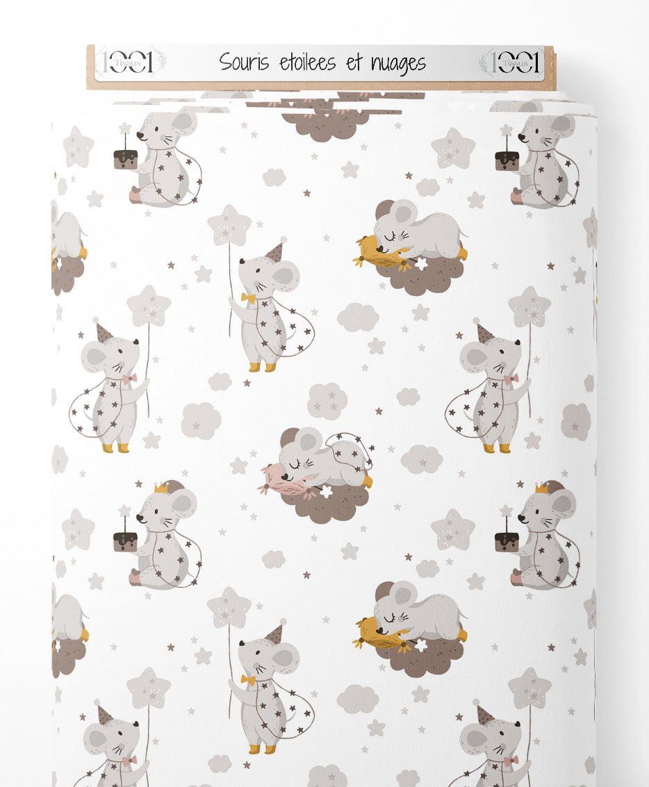 Tissu - Souris étoilées et nuages