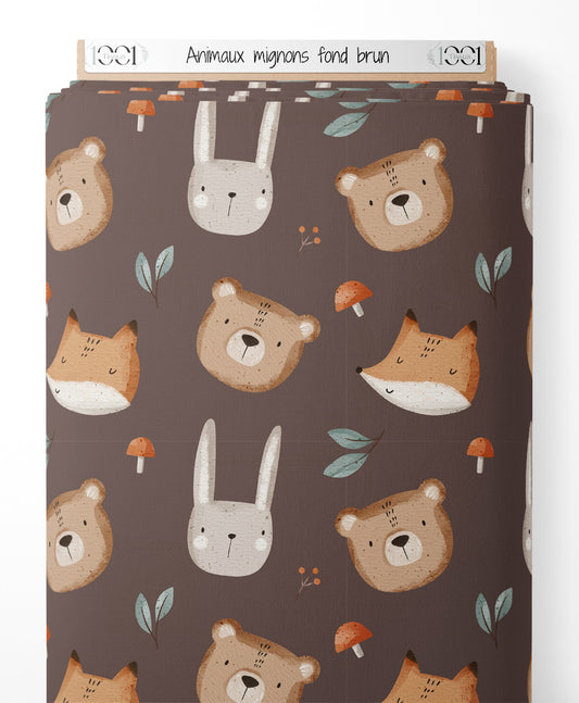Tissu - Animaux mignons sur fond brun