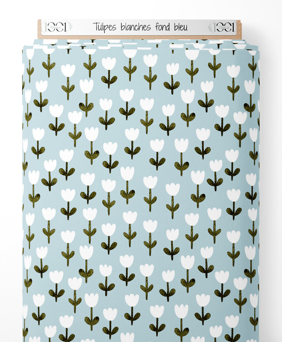 Tissu - Tulipes blanches sur fond bleu