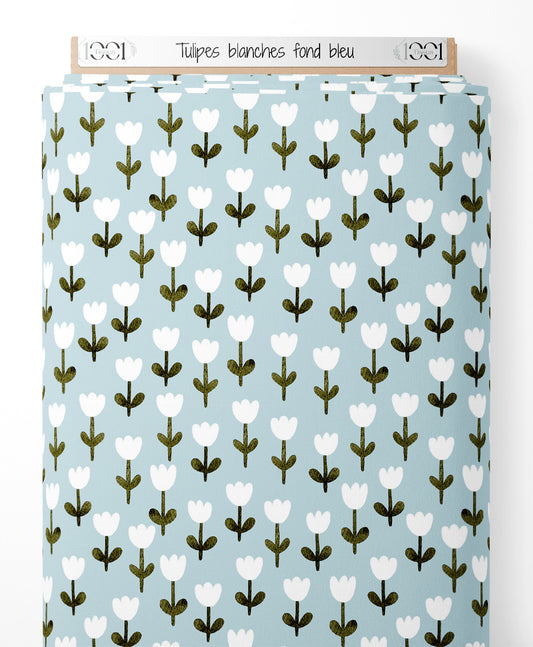 Tissu - Tulipes blanches sur fond bleu