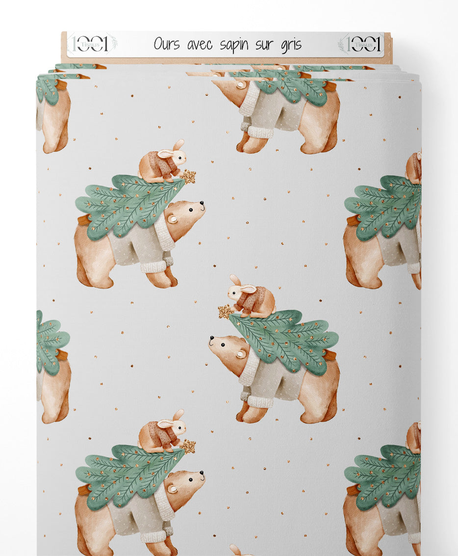 Tissu - Ours avec sapin sur gris