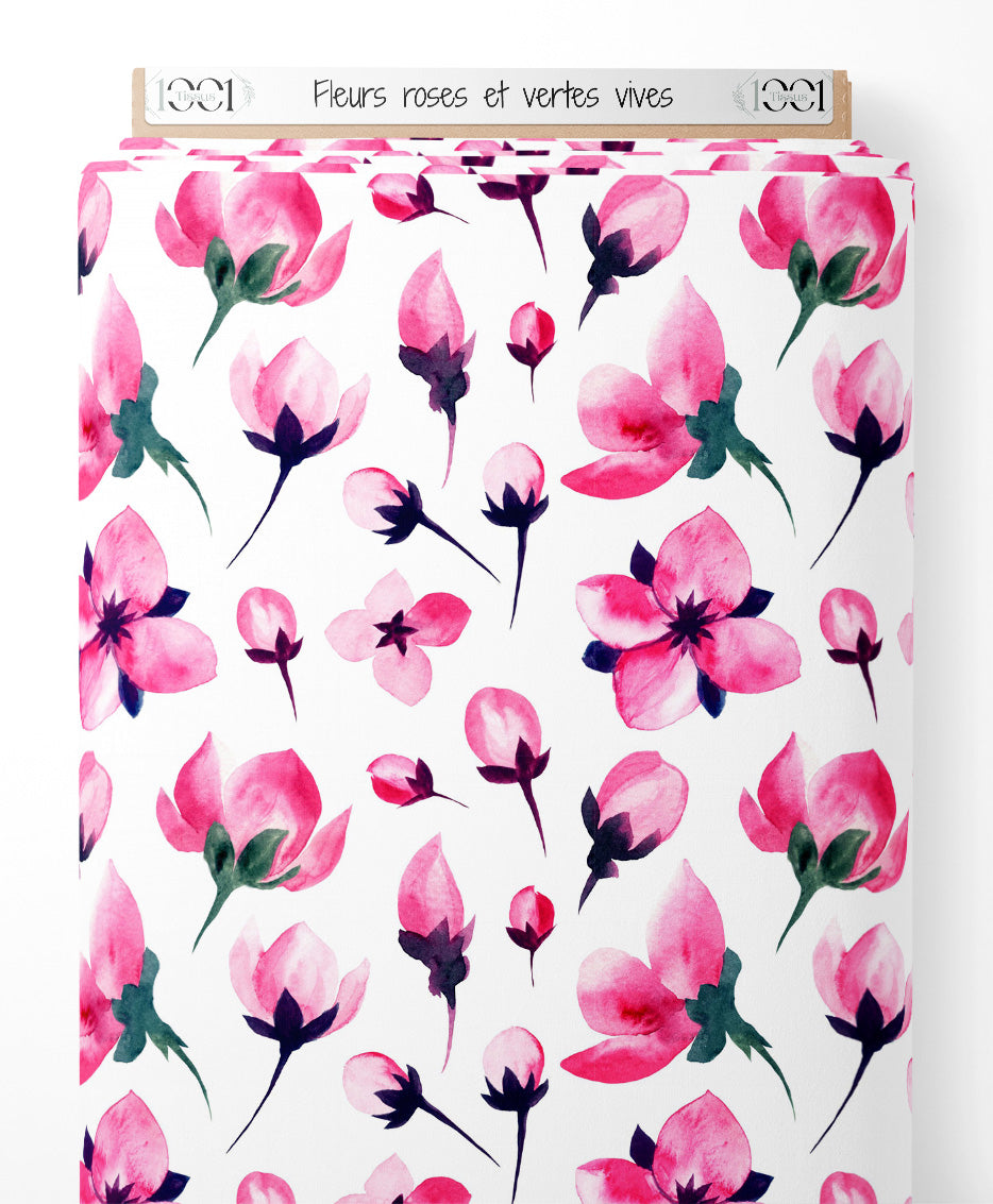 Tissu - Fleurs roses et vertes vives