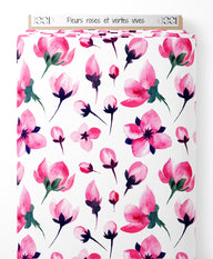 Tissu - Fleurs roses et vertes vives