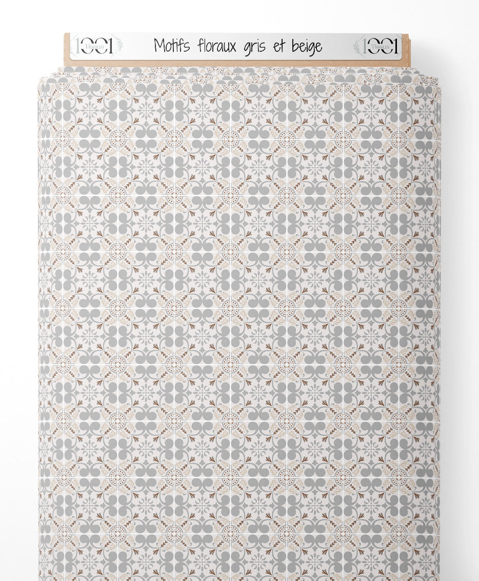 Tissu - Motifs floraux gris et beige