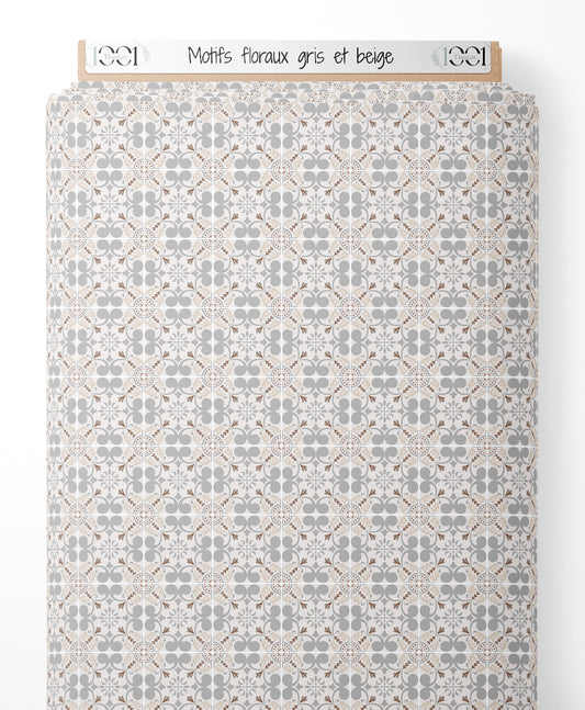 Tissu - Motifs floraux gris et beige