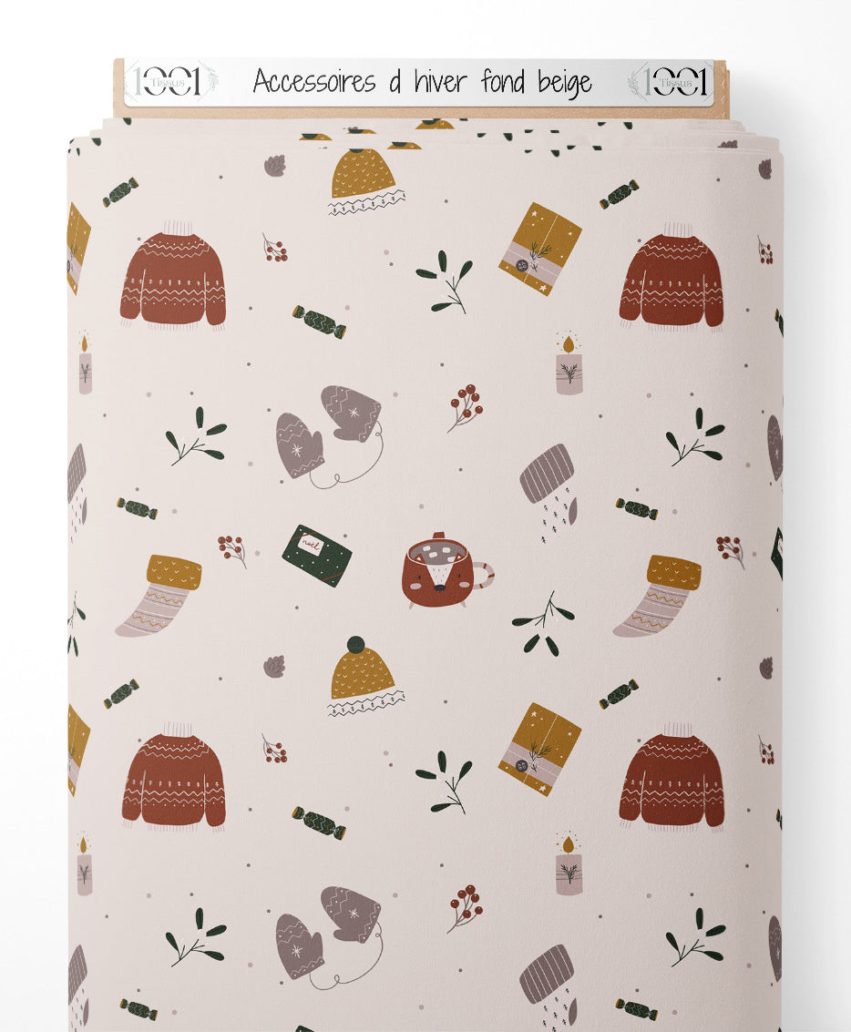 Tissu - Accessoires d'hiver sur fond beige