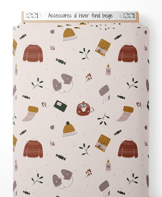 Tissu - Accessoires d'hiver sur fond beige
