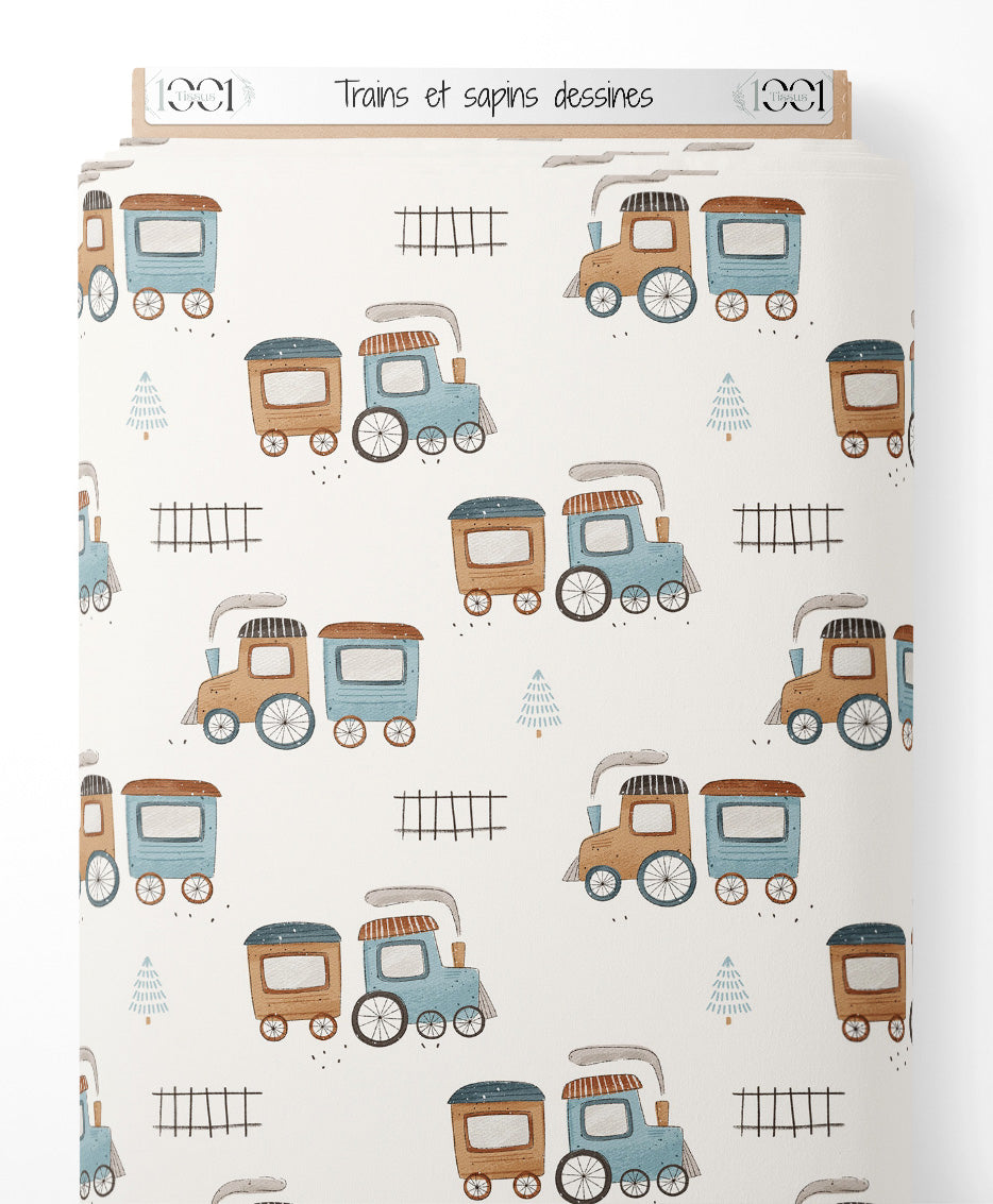 Tissu - Trains et sapins dessinés