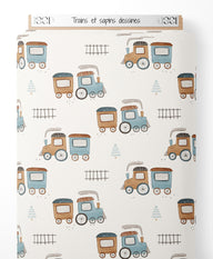 Tissu - Trains et sapins dessinés