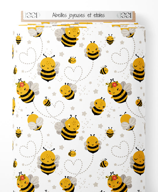 Tissu - Abeilles joyeuses et étoiles
